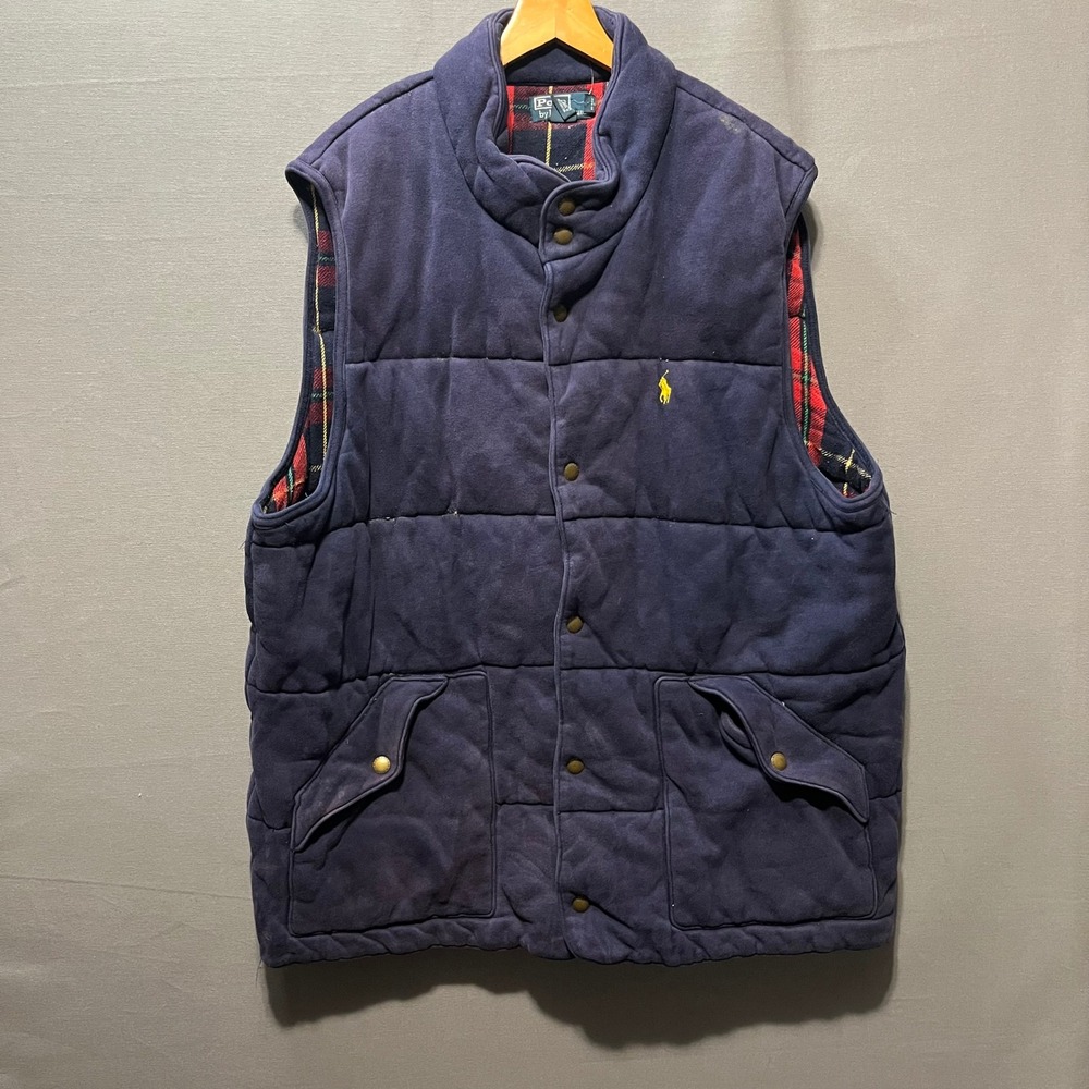 Polo Ralph Lauren Puffer Vest Navy Blue Plaid Lined 2XLT Tall Mens Snap Front